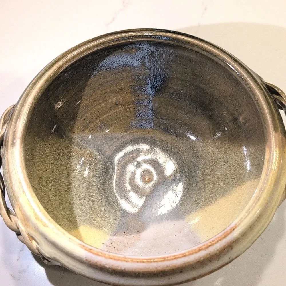 Handmade Ribbed Pottery Bowl with Braided Handles Artist Signed